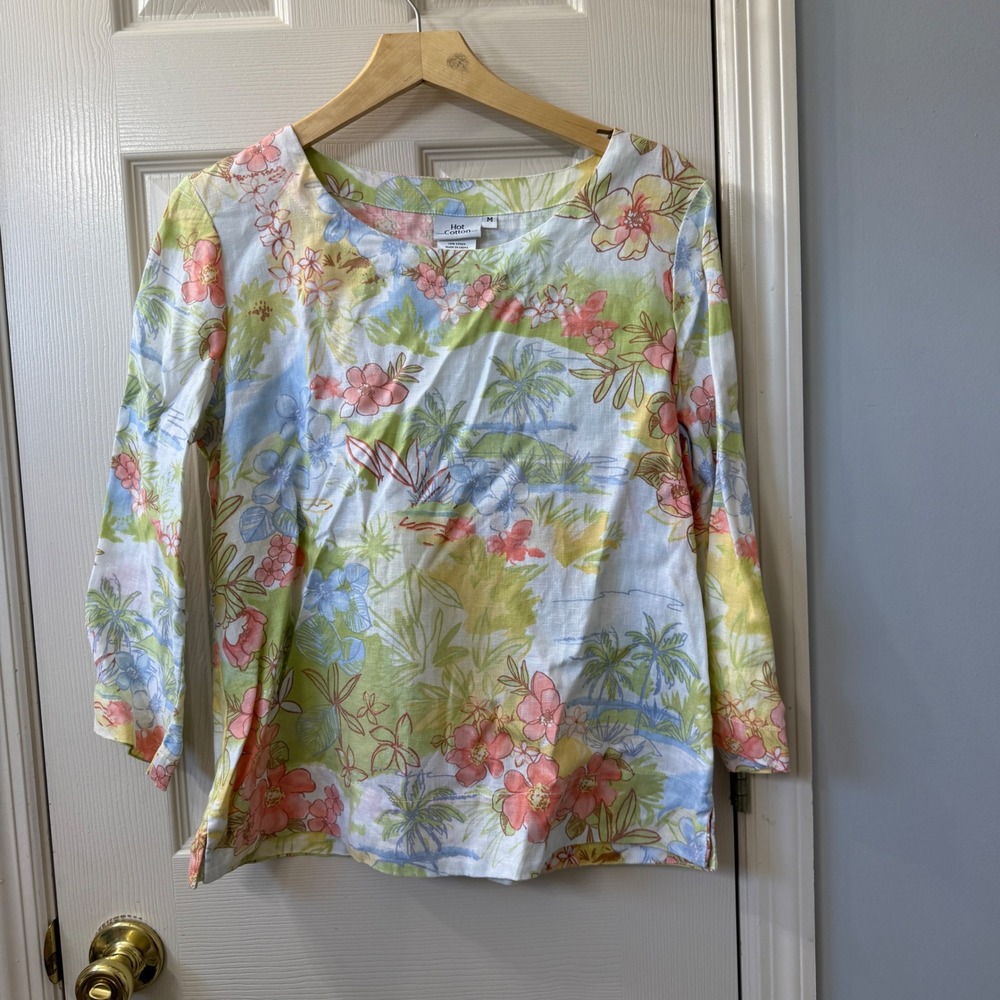 Hot Cotton Tropical Floral Linen 3/4 Sleeve Top Women's Medium‎
